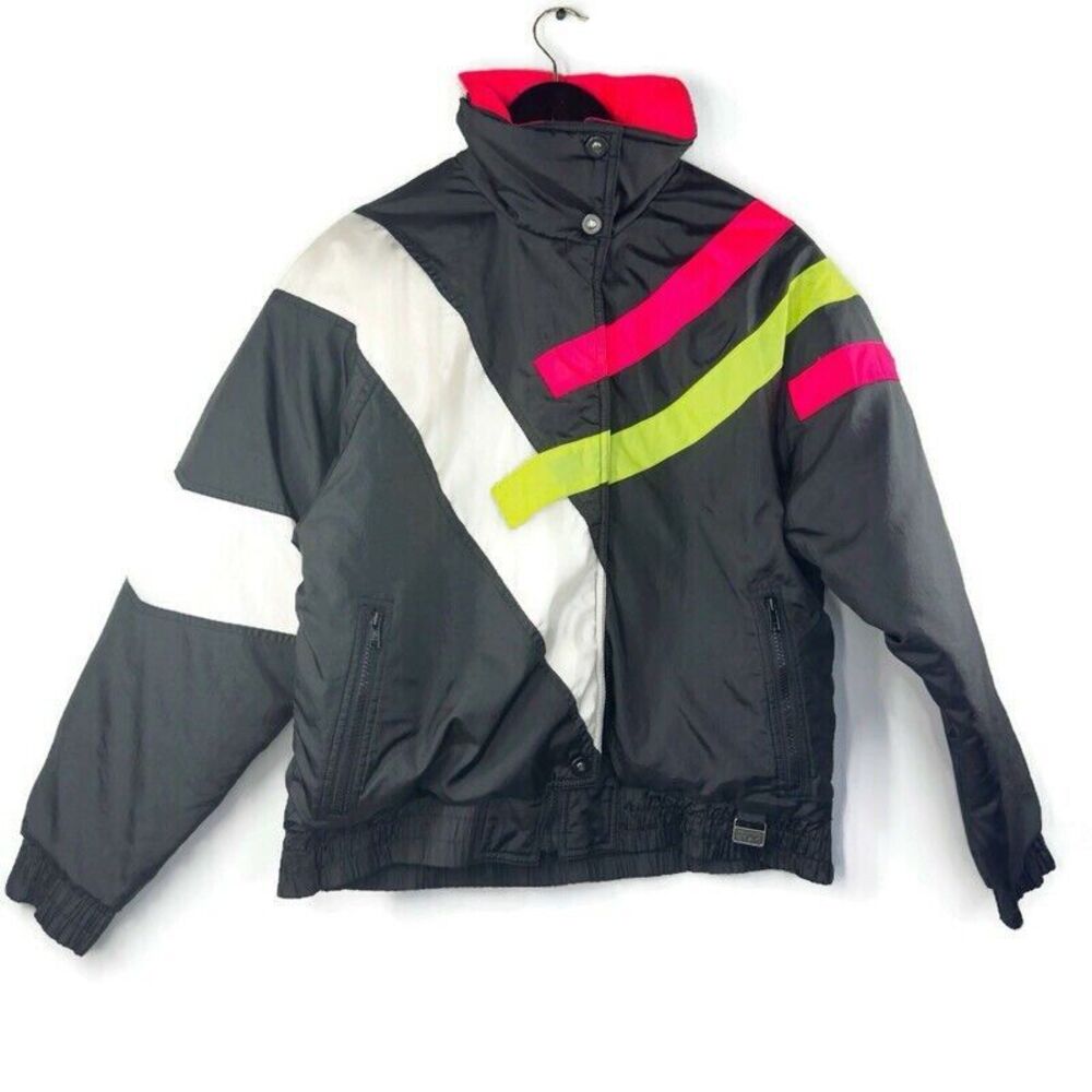 Vintage White Stag Jacket Coat Womens Size Medium Skiwear Black Pink Neon Puffer
